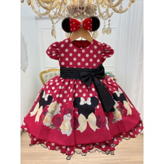 Vestido Infantil Minnie Vermelho Busto Floral Saia Bolinhas