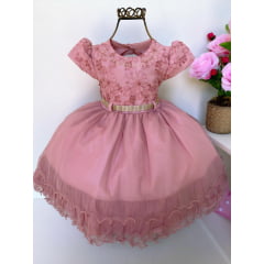 Vestido Infantil Rosê com Babados Pérolas Brilho Luxo