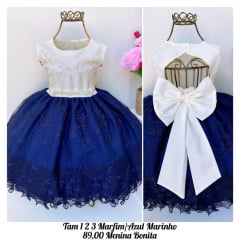 Vestido Infantil Off e Azul Marinho Rendado Luxo Pérolas