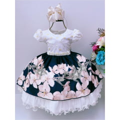 Vestido Infantil Off Floral Cinto Pérolas e Apliques