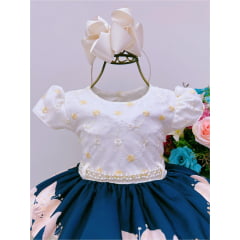Vestido Infantil Off Floral Cinto Pérolas e Apliques