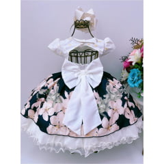 Vestido Infantil Off Floral Cinto Pérolas e Apliques
