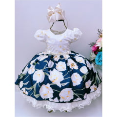 Vestido Infantil Off Saia Floral Cinto Pérolas e Apliques