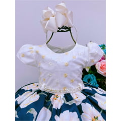 Vestido Infantil Off Saia Floral Cinto Pérolas e Apliques