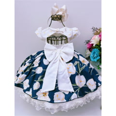 Vestido Infantil Off Saia Floral Cinto Pérolas e Apliques