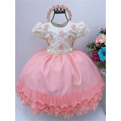 Vestido Infantil Off White Renda Pérolas e Aplique de Flores