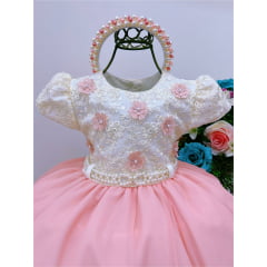 Vestido Infantil Off White Renda Pérolas e Aplique de Flores
