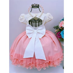 Vestido Infantil Off White Renda Pérolas e Aplique de Flores