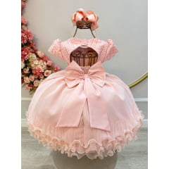 Vestido Infantil Pêssego Busto C/ Strass e Saia Com Babados