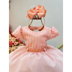 Vestido Infantil Pêssego Busto C/ Strass e Saia Com Babados