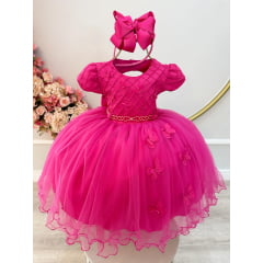 Vestido Infantil Pink Busto Nervura Com Apliques Daminha