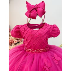 Vestido Infantil Pink Busto Nervura Com Apliques Daminha