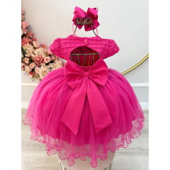 Vestido Infantil Pink Busto Nervura Com Apliques Daminha