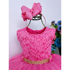Vestido Infantil Pink C/ Renda e Peito Strass Cinto Luxo