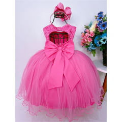 Vestido Infantil Pink C/ Renda e Peito Strass Cinto Luxo