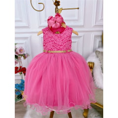 Vestido Infantil Pink C/ Renda e Peito Strass Cinto Luxo