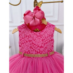 Vestido Infantil Pink C/ Renda e Peito Strass Cinto Luxo