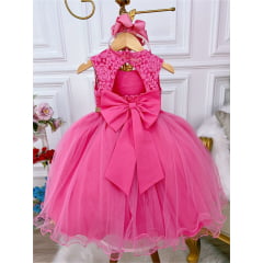 Vestido Infantil Pink C/ Renda e Peito Strass Cinto Luxo