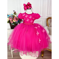 Vestido Infantil Pink Peito Nervura C/ Aplique Borboletas