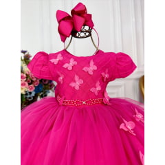 Vestido Infantil Pink Peito Nervura C/ Aplique Borboletas