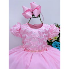 Vestido Infantil Rosa Aplique de Borboletas Cinto de Pérolas