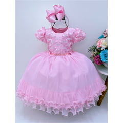 Vestido Infantil Rosa Aplique de Borboletas Cinto de Pérolas