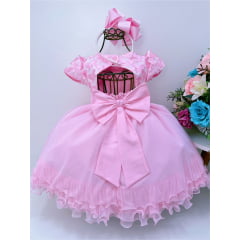 Vestido Infantil Rosa Aplique de Borboletas Cinto de Pérolas