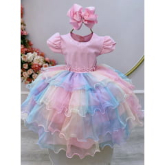 Vestido Infantil Rosa Arco Iris Chuva de Amor Festas