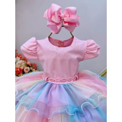Vestido Infantil Rosa Arco Iris Chuva de Amor Festas