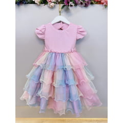 Vestido Infantil Rosa Arco Iris Chuva de Amor Festas