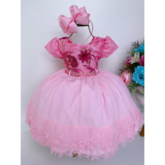 Vestido Infantil Rosa Babados Renda Flores Cinto de Pérolas Luxo