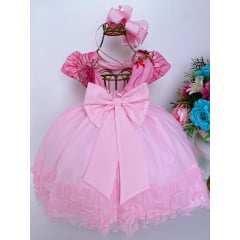 Vestido Infantil Rosa Babados Renda Flores Cinto de Pérolas Luxo