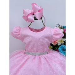 Vestido Infantil Rosa Batizado Babados e Strass