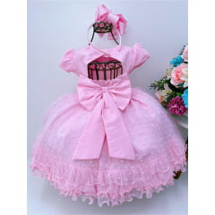 Vestido Infantil Rosa Batizado Babados e Strass