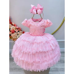Vestido Infantil Rosa Bebê Bordado e Saia C/ Babado Pérolas