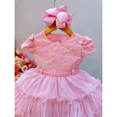 Vestido Infantil Rosa Bebê Bordado e Saia C/ Babado Pérolas