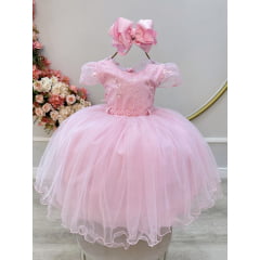 Vestido Infantil Rosa Busto Com Renda Daminhas Batizados