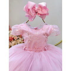 Vestido Infantil Rosa Busto Com Renda Daminhas Batizados