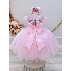 Vestido Infantil Rosa Busto Com Renda Daminhas Batizados