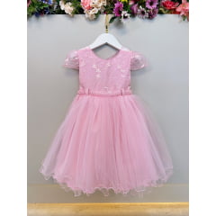Vestido Infantil Rosa Busto Com Renda Daminhas Batizados