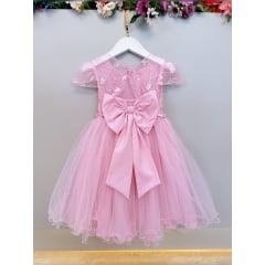 Vestido Infantil Rosa Busto Com Renda Daminhas Batizados