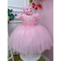 Vestido Infantil Rosa C/ Aplique de Borboleta Renda Pérolas