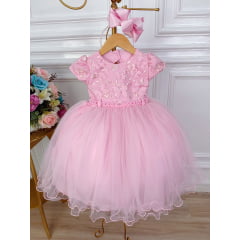 Vestido Infantil Rosa C/ Aplique de Borboleta Renda Pérolas