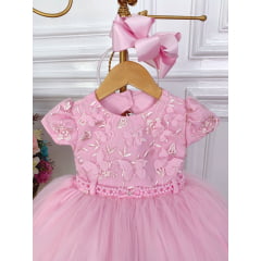 Vestido Infantil Rosa C/ Aplique de Borboleta Renda Pérolas