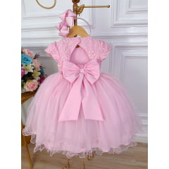 Vestido Infantil Rosa C/ Aplique de Borboleta Renda Pérolas