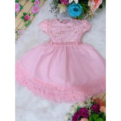 Vestido Infantil Rosa C/ Babados Renda Cinto de Pérolas Luxo