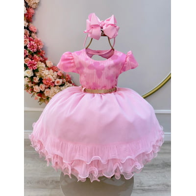 Vestido Infantil Rosa C/ Borboletas e Strass no Busto Luxo