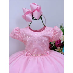 Vestido Infantil Rosa C/ Renda Cinto Pérolas Strass Luxo