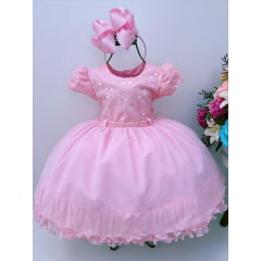 Vestido Infantil Rosa C/ Renda Cinto Pérolas Strass Luxo