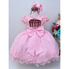Vestido Infantil Rosa C/ Renda Cinto Pérolas Strass Luxo